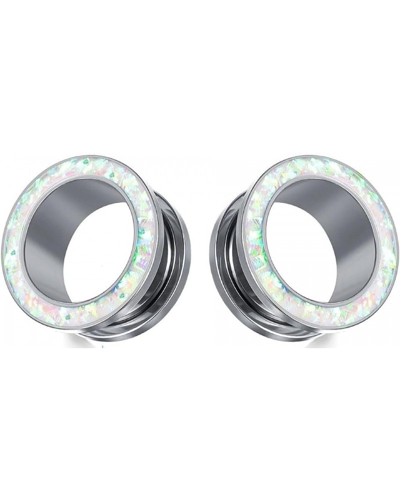 Ear gauges plugs stainless steel created-opal screw back 12mm-1/2 inch silver white rim $8.75 Body Jewelry