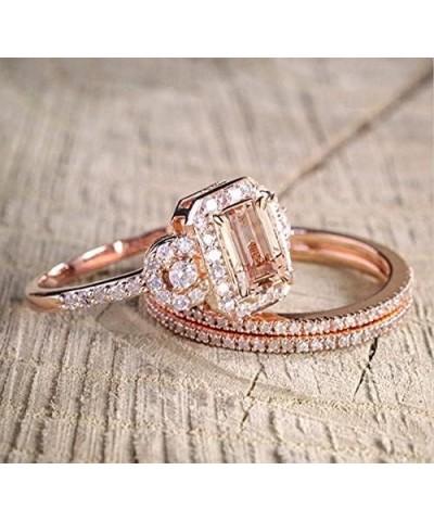 2PCS Gorgeous 18K Rose Gold Plated Morganite Ring Engagement Bridal Women Jewelry Set Morganite White Topaz Ring Set Women Br...