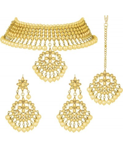 Indian Traditional Maang Tikka with Kundan Necklace Earrings Set Ethnic Wedding Party Designer Jewelry for Women Champagne $1...