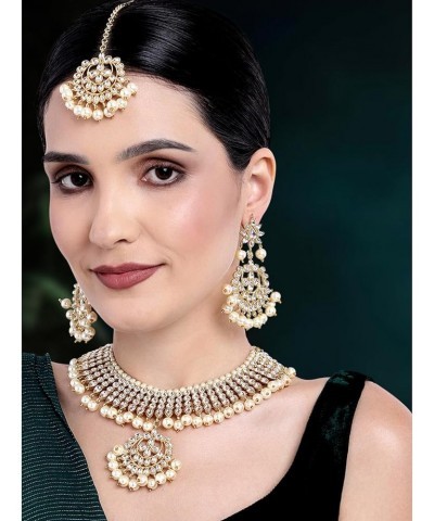 Indian Traditional Maang Tikka with Kundan Necklace Earrings Set Ethnic Wedding Party Designer Jewelry for Women Champagne $1...