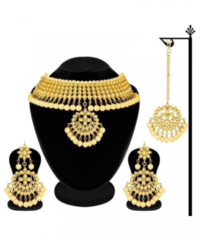 Indian Traditional Maang Tikka with Kundan Necklace Earrings Set Ethnic Wedding Party Designer Jewelry for Women Champagne $1...