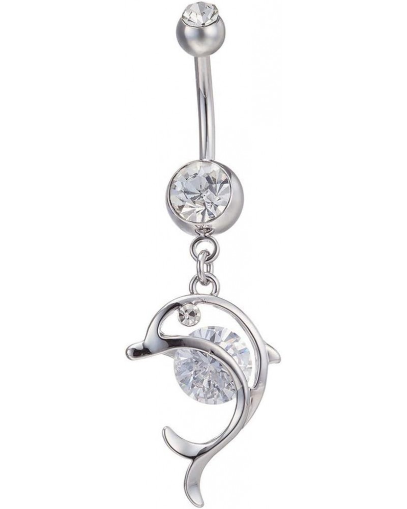 14G Dangle Belly Button Ring Dolphin Clear Accent Glitter Navel Ring 316L Surgical Steel CZ Body Piercing Jewelry for Women $...