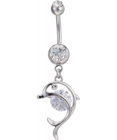 14G Dangle Belly Button Ring Dolphin Clear Accent Glitter Navel Ring 316L Surgical Steel CZ Body Piercing Jewelry for Women $...