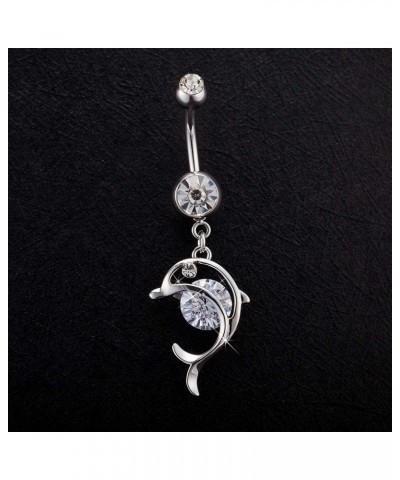 14G Dangle Belly Button Ring Dolphin Clear Accent Glitter Navel Ring 316L Surgical Steel CZ Body Piercing Jewelry for Women $...