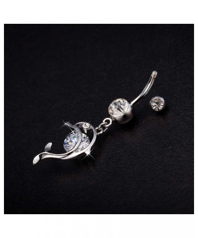 14G Dangle Belly Button Ring Dolphin Clear Accent Glitter Navel Ring 316L Surgical Steel CZ Body Piercing Jewelry for Women $...