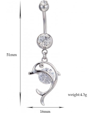 14G Dangle Belly Button Ring Dolphin Clear Accent Glitter Navel Ring 316L Surgical Steel CZ Body Piercing Jewelry for Women $...