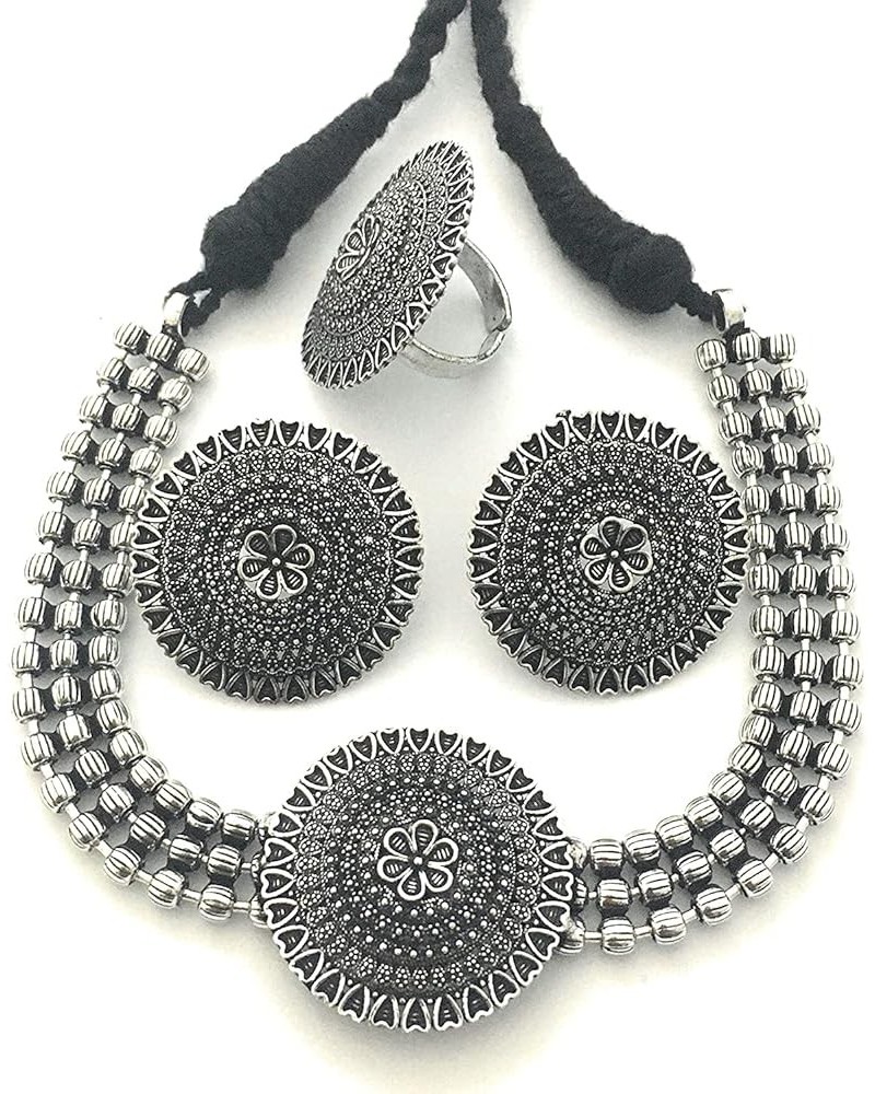 Afghani Style Oxidised Silver Jewellery Pendant Flower Choker Necklace for Women and Girls Silver-1 $14.74 Jewelry Sets