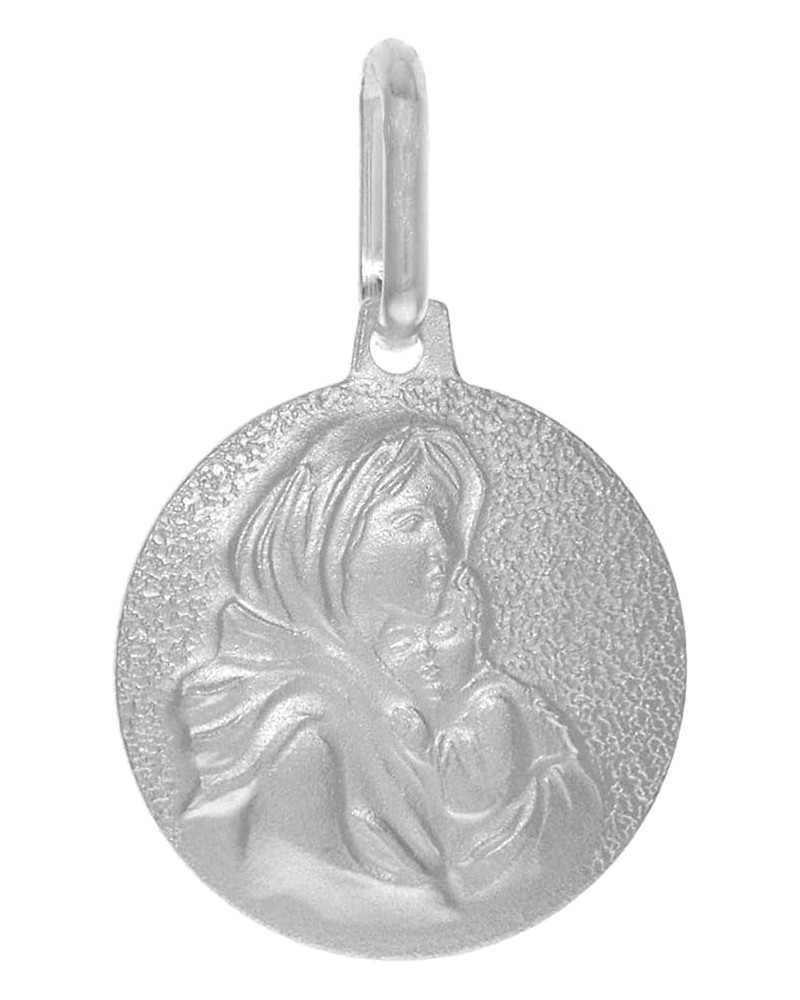 15mm Sterling Silver Blessed Mother Baby Jesus Medal Necklace for Women & Men 5/8 inch Round Sandstone finish Italy 16-30 inc...