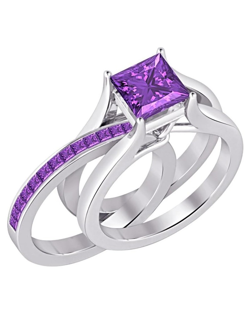 1.85 ct.tw Princess Cut Created Amethyst 14K White Plated 925 Silver Interchangeable Wedding Ring Set for Women's $58.05 Sets