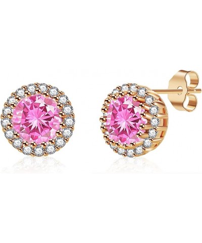 Round Austrian Crystal Halo Stud Earrings for Women Fashion 925 Sterling Silver Hypoallergenic Jewelry Pink $10.82 Earrings