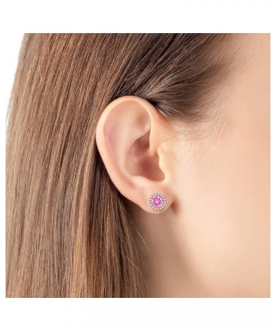 Round Austrian Crystal Halo Stud Earrings for Women Fashion 925 Sterling Silver Hypoallergenic Jewelry Pink $10.82 Earrings