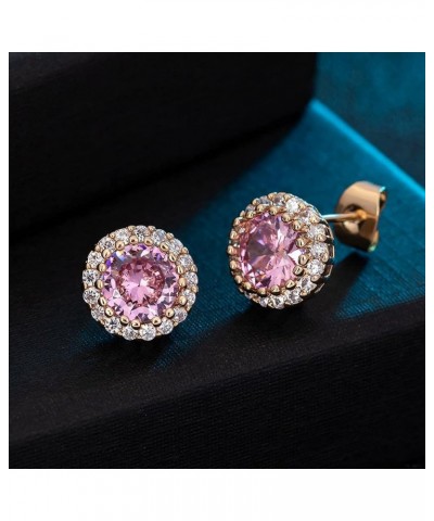 Round Austrian Crystal Halo Stud Earrings for Women Fashion 925 Sterling Silver Hypoallergenic Jewelry Pink $10.82 Earrings