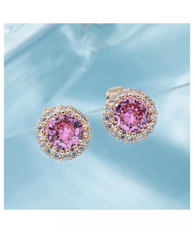 Round Austrian Crystal Halo Stud Earrings for Women Fashion 925 Sterling Silver Hypoallergenic Jewelry Pink $10.82 Earrings