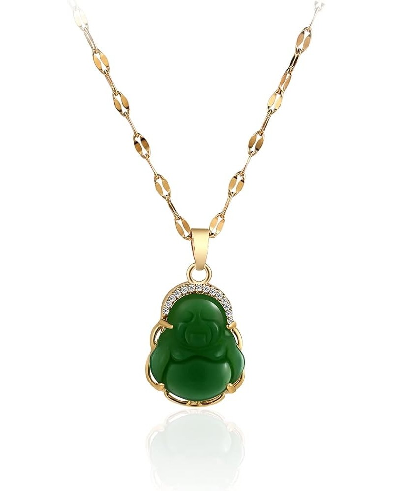 Luxury Laughing Buddha Pendant Necklace Set Lucky Green Jade Cubic Zirconia Bling Gemstone 18k Gold Plated Amulet Jewelry for...