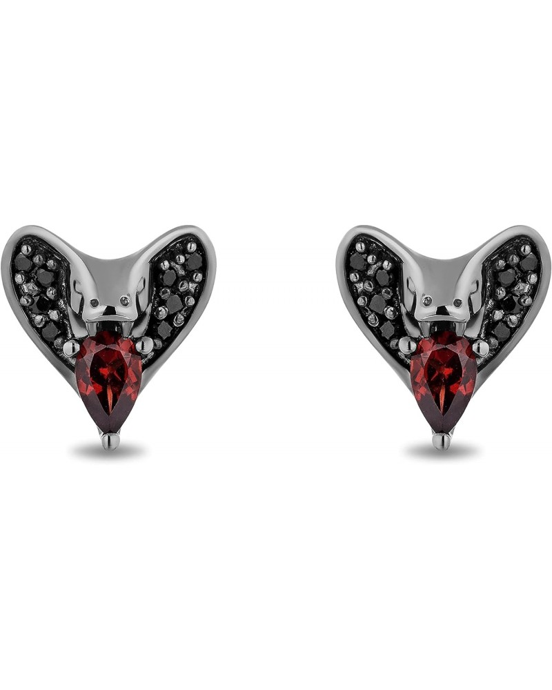 Enchanted Disney Fine Jewelry Black Rhodium over Sterling Silver 5x3 MM Pear Red Garnet and 1/8 Cttw Treated Black Round Diam...