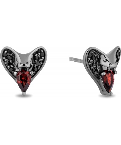 Enchanted Disney Fine Jewelry Black Rhodium over Sterling Silver 5x3 MM Pear Red Garnet and 1/8 Cttw Treated Black Round Diam...