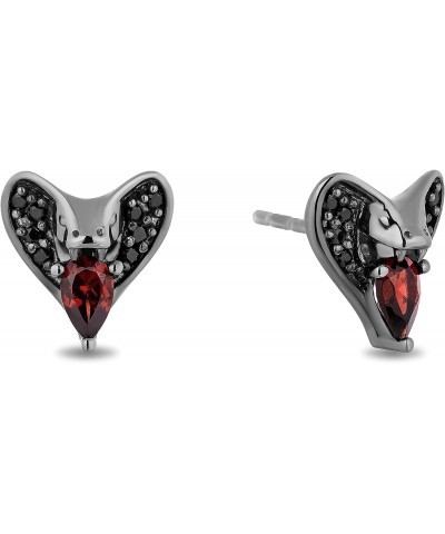 Enchanted Disney Fine Jewelry Black Rhodium over Sterling Silver 5x3 MM Pear Red Garnet and 1/8 Cttw Treated Black Round Diam...