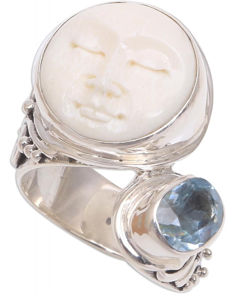 Artisan Handmade .925 Sterling Silver Blue Topaz Cocktail Ring Bone Face from Bali Indonesia Birthstone Gemstone 'Sparkling F...