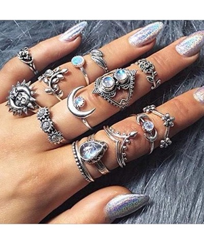 14 PCS Knuckle Stacking Rings for Women Girls,Boho Vintage Geometric Moon Sun Crystal Midi Finger Rings Set A:14Pcs vintage s...