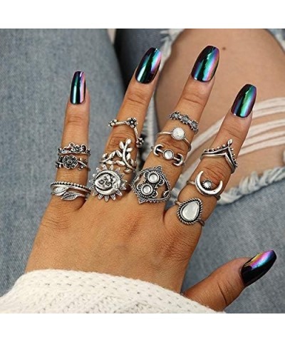 14 PCS Knuckle Stacking Rings for Women Girls,Boho Vintage Geometric Moon Sun Crystal Midi Finger Rings Set A:14Pcs vintage s...