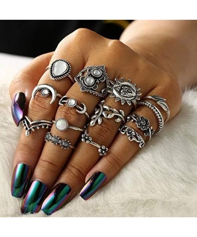 14 PCS Knuckle Stacking Rings for Women Girls,Boho Vintage Geometric Moon Sun Crystal Midi Finger Rings Set A:14Pcs vintage s...