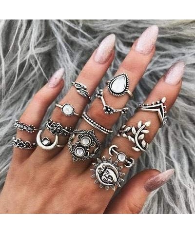 14 PCS Knuckle Stacking Rings for Women Girls,Boho Vintage Geometric Moon Sun Crystal Midi Finger Rings Set A:14Pcs vintage s...