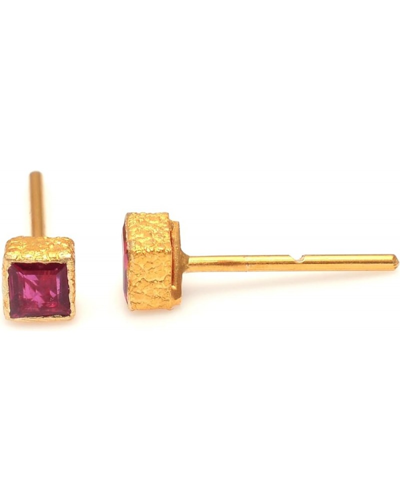 18k Gold Textured Birthstone Emerald/Ruby Stud Earrings With Bezzel Setting | Push Back Gold Stud Earring | Fine Jewelery For...