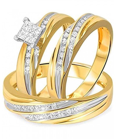 Princess D/VVS1 Diamond 14K Two-Tone Gold Plated 925 Sterling Silver Bridal Wedding Trio Ring Set for Him & Her Women Size 11...