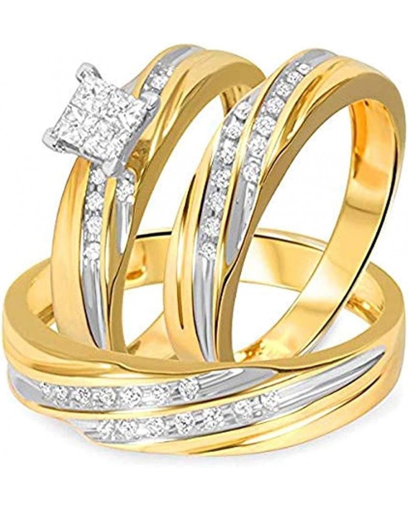 Princess D/VVS1 Diamond 14K Two-Tone Gold Plated 925 Sterling Silver Bridal Wedding Trio Ring Set for Him & Her Women Size 11...