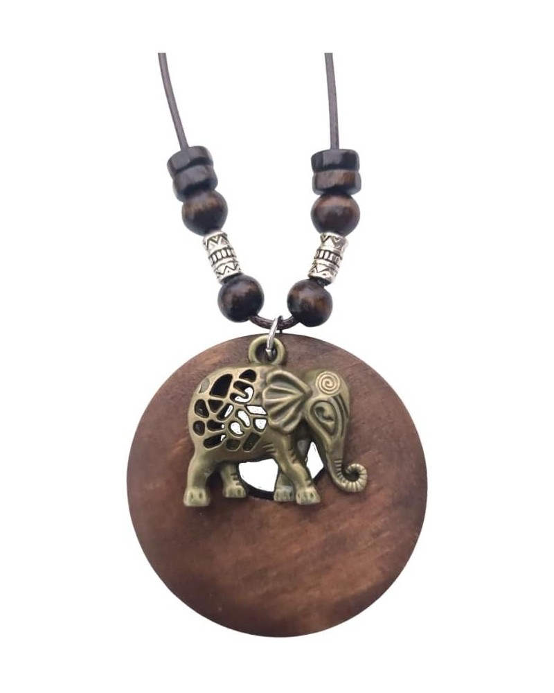 Wooden Pendant Necklace, Owl Leaf Elephant Flower Handmade Vintage Bronze Leaf Long Leather Chain Sweater Necklace for Women ...