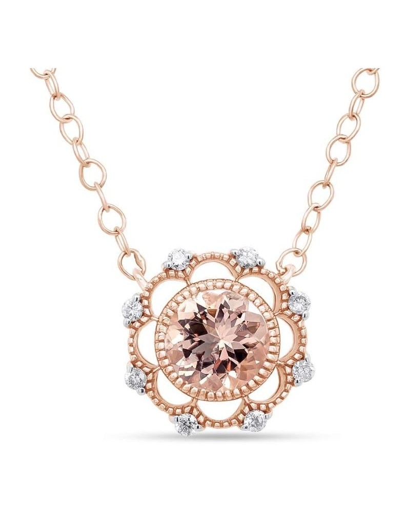 Blush Vintage Milgrain Style Necklace Round Morganite 6MM Gemstone And Diamond Accents Pendant in 14K Gold With Chain Necklac...