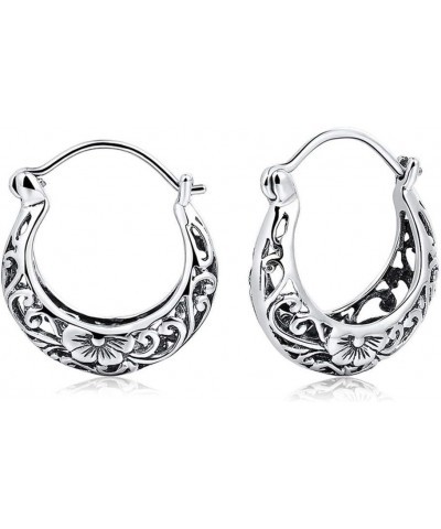 925 Sterling Silver Hoop Earrings for Women Girls Filigree Floral Clip-on Small Huggie Hoop Earrings Vintage Party Jewelry Ch...