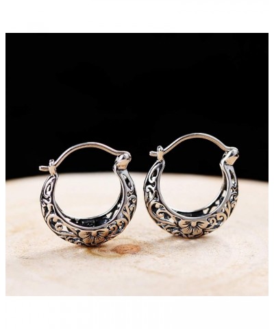 925 Sterling Silver Hoop Earrings for Women Girls Filigree Floral Clip-on Small Huggie Hoop Earrings Vintage Party Jewelry Ch...