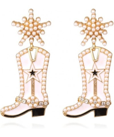 Western Cowgirl Boot Earrings Retro Style Snowflower Rhinestone Beads Boot Drop Dangle Earrings Gold $8.09 Earrings