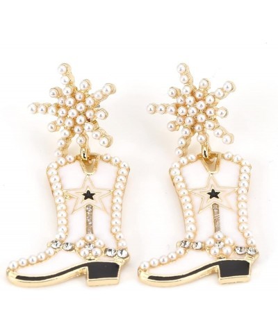 Western Cowgirl Boot Earrings Retro Style Snowflower Rhinestone Beads Boot Drop Dangle Earrings Gold $8.09 Earrings