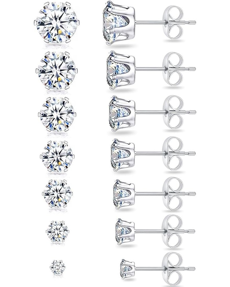 Stud Earrings Set 7Pairs Shiny Hypoallergenic Cubic Zirconia Surgical Titanium Stainless Steel Silver Rose Gold Black CZ Cart...