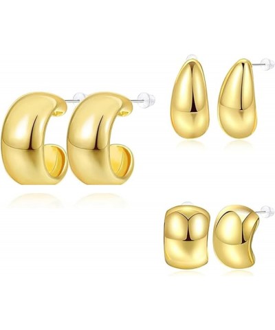 Pack of 3 Pairs Chunky Teardrop Gold Earrings Set for Women Girls Gold Plated Waterdrop Thick Huggie Hoop Earrings Set Drop S...