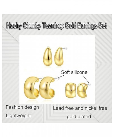 Pack of 3 Pairs Chunky Teardrop Gold Earrings Set for Women Girls Gold Plated Waterdrop Thick Huggie Hoop Earrings Set Drop S...