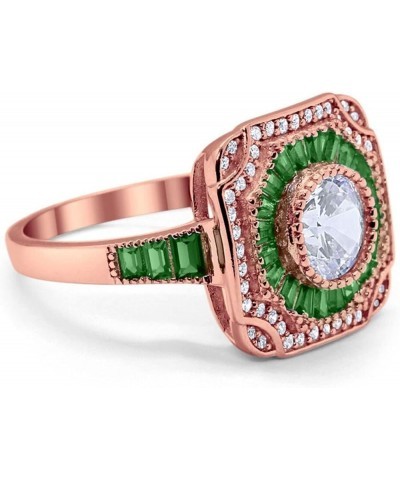 Art Deco Wedding Engagement Antique Style Ring Baguette Round Cubic Zirconia 925 Sterling Silver Rose Tone, Simulated Green E...