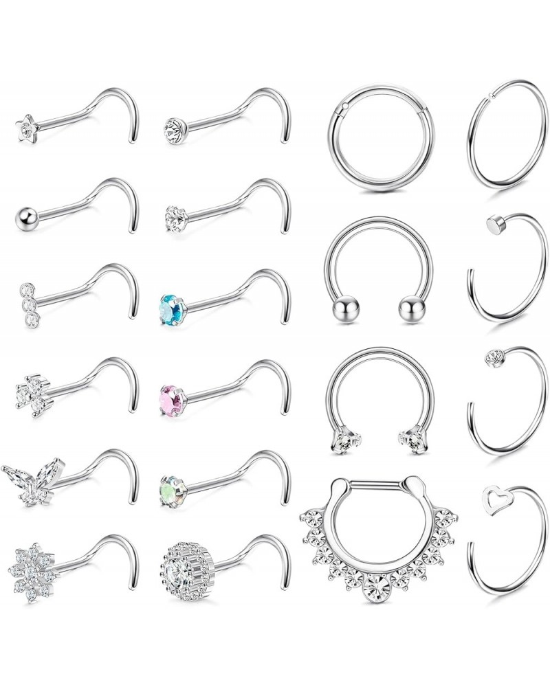 20Pcs 20G Surgical Steel Nose Studs Rings for Women Men Hypoallergenic Nose Screw Stud Hoop Set 16G Septum Rings CZ Inlaid No...