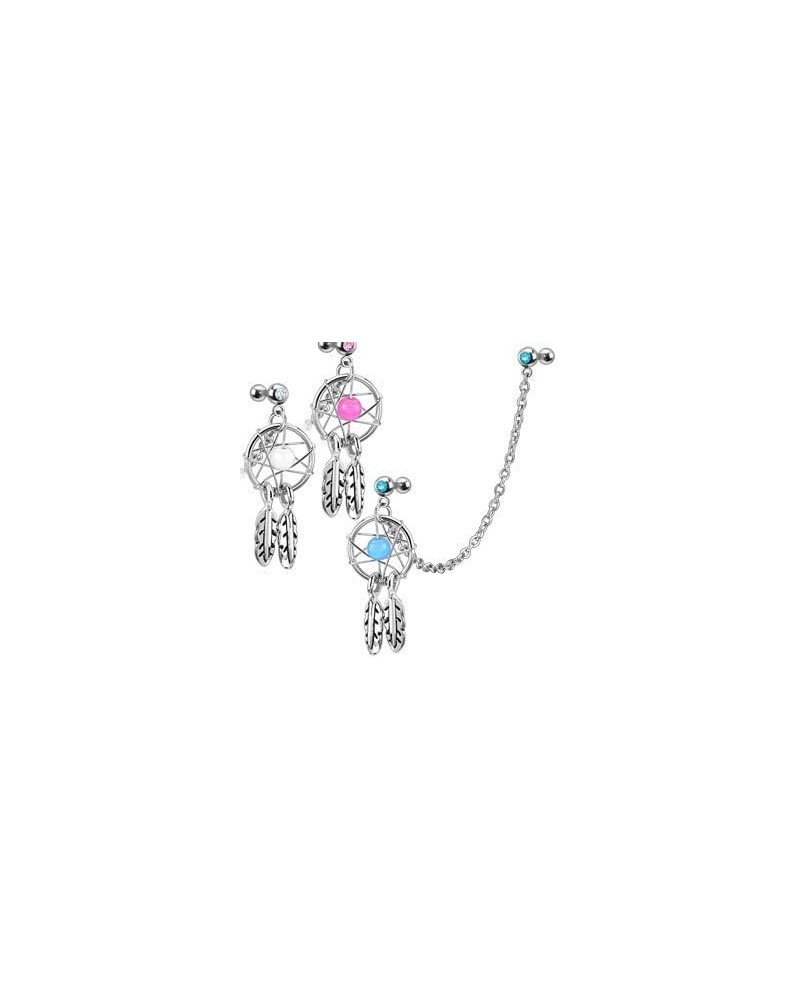 16GA Surgical Steel Chain Linked Gemmed Double Cartilage Barbells with Dangling Dream Catcher Charm Clear $7.35 Body Jewelry