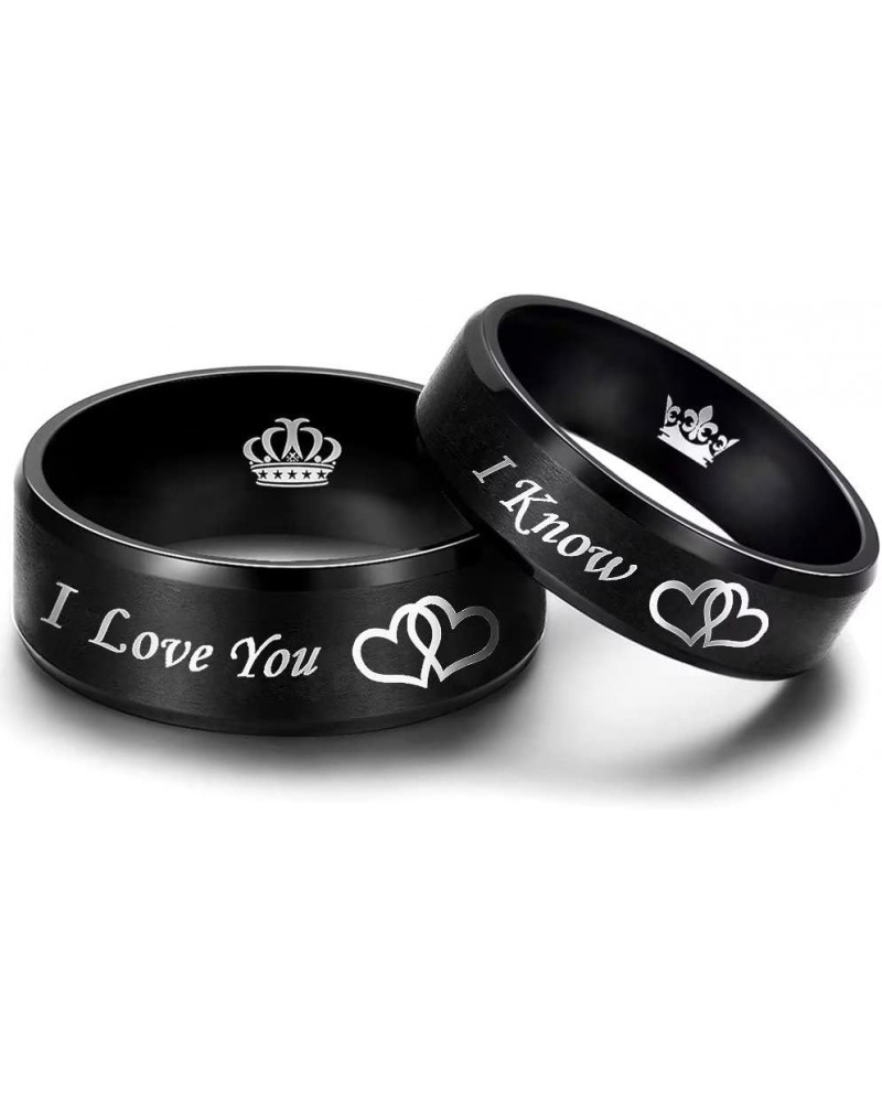 I Love You I Know Ring for Couples Crown Heart-to-Heart Promise Wedding Band for Him and Her 6mm 8mm Black Stainless Steel Co...