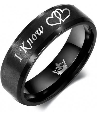 I Love You I Know Ring for Couples Crown Heart-to-Heart Promise Wedding Band for Him and Her 6mm 8mm Black Stainless Steel Co...