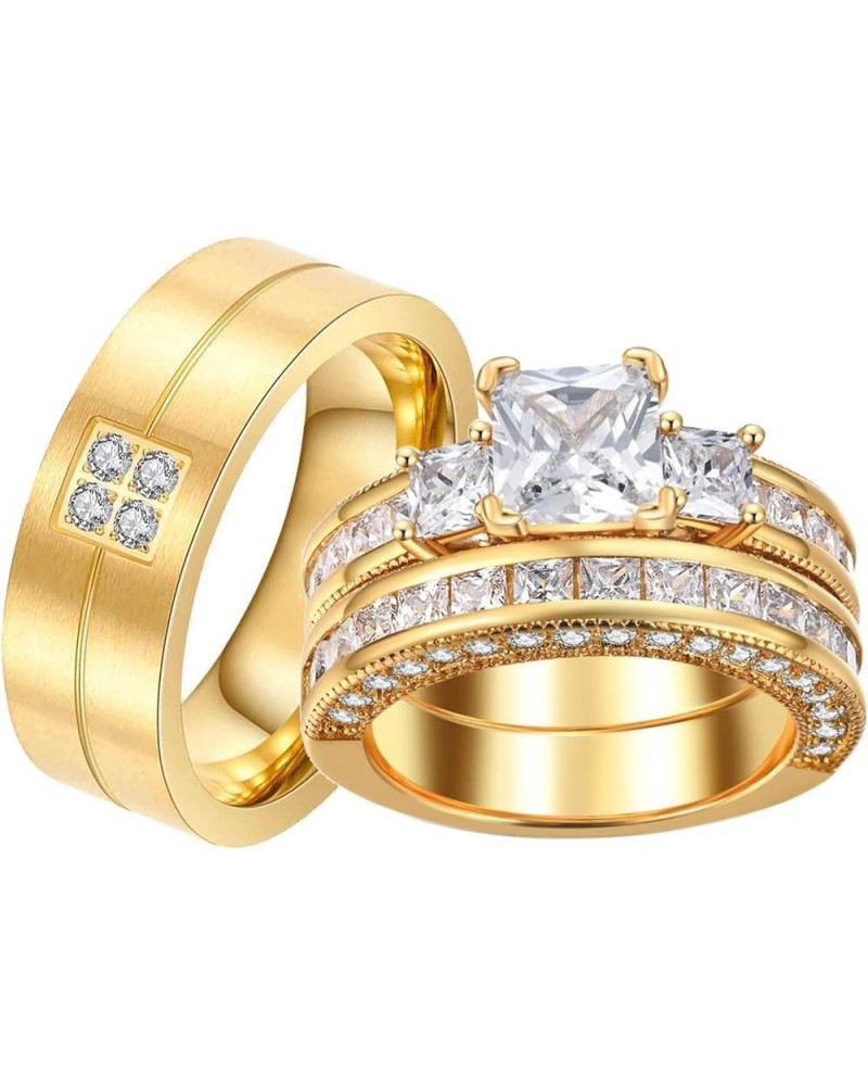 Couple Rings Yellow Gold Plated Princess 8 * 8 Cz Womens Wedding Ring Sets Titanium Steel Men Wedding Bands(Please Buy 2 Ring...