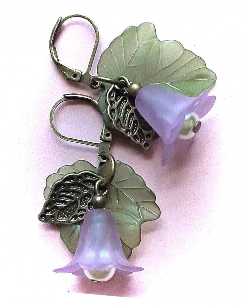 Lavender Flower Acrylic Leaf Glass Pearl Earring Bronze Lever Back Xx Adorable Statement Jewelry Earrings for Women $11.02 Ea...