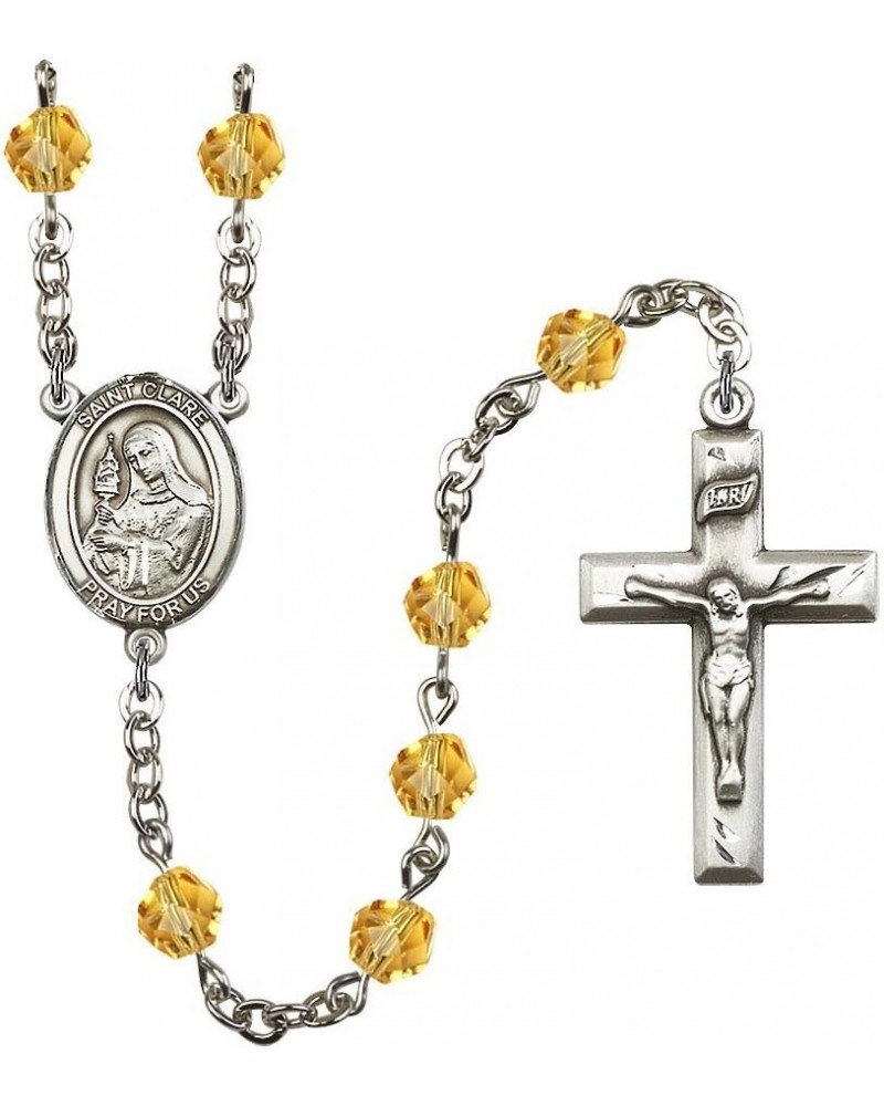 St. Clare of Assisi Silver-Plated Rosary - Every Birth Month Color and More November Yellow, Small Crucifix $54.71 Necklaces