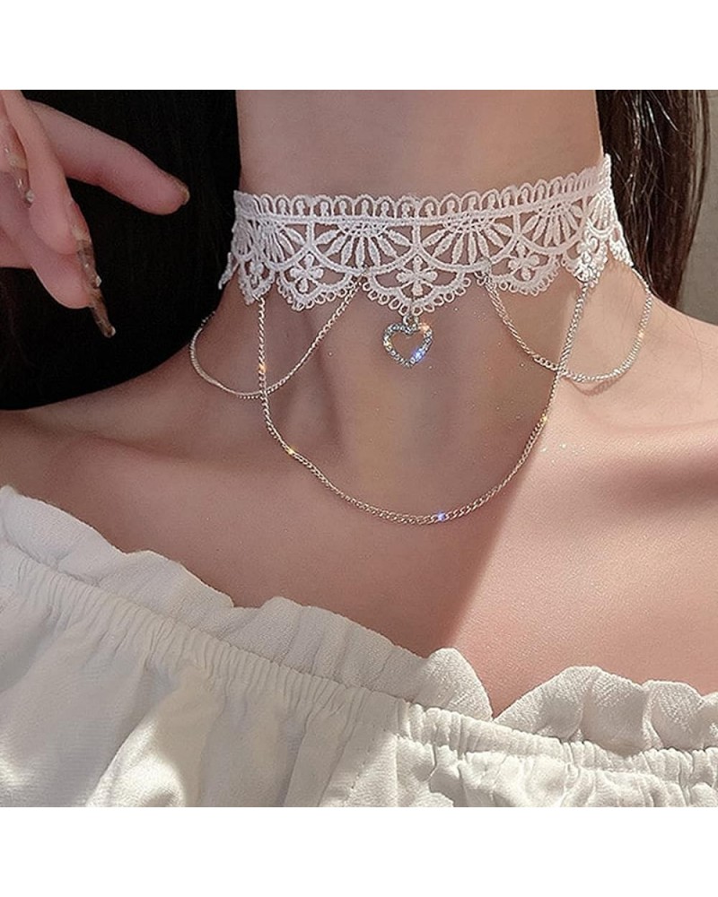 Gothic White Lace Sexy Choker Necklace Heart Butterfly Pendant Tassel Collar Neck Chain Bridal Wedding Jewelry for Women Girl...