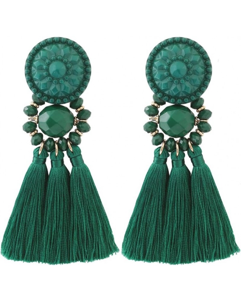 Bohemian Statement Thread Tassel Chandelier Drop Dangle Earrings with Cassandra Button Stud Deep Green $7.79 Earrings