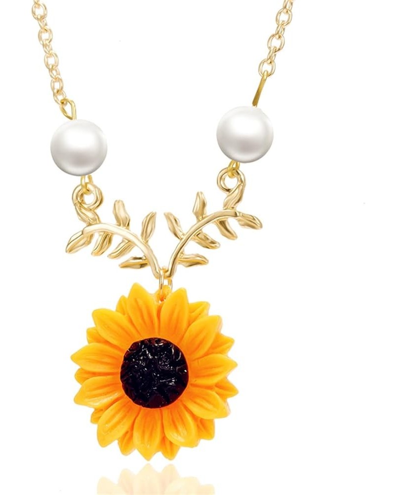 Sunflower Pearl Pendant Necklace Gold Silver Plated Handmade Sweet Summer Resin Daisy Flower with Leaf Faux Pearl Chain Neckl...