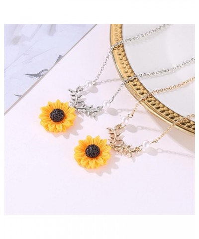 Sunflower Pearl Pendant Necklace Gold Silver Plated Handmade Sweet Summer Resin Daisy Flower with Leaf Faux Pearl Chain Neckl...